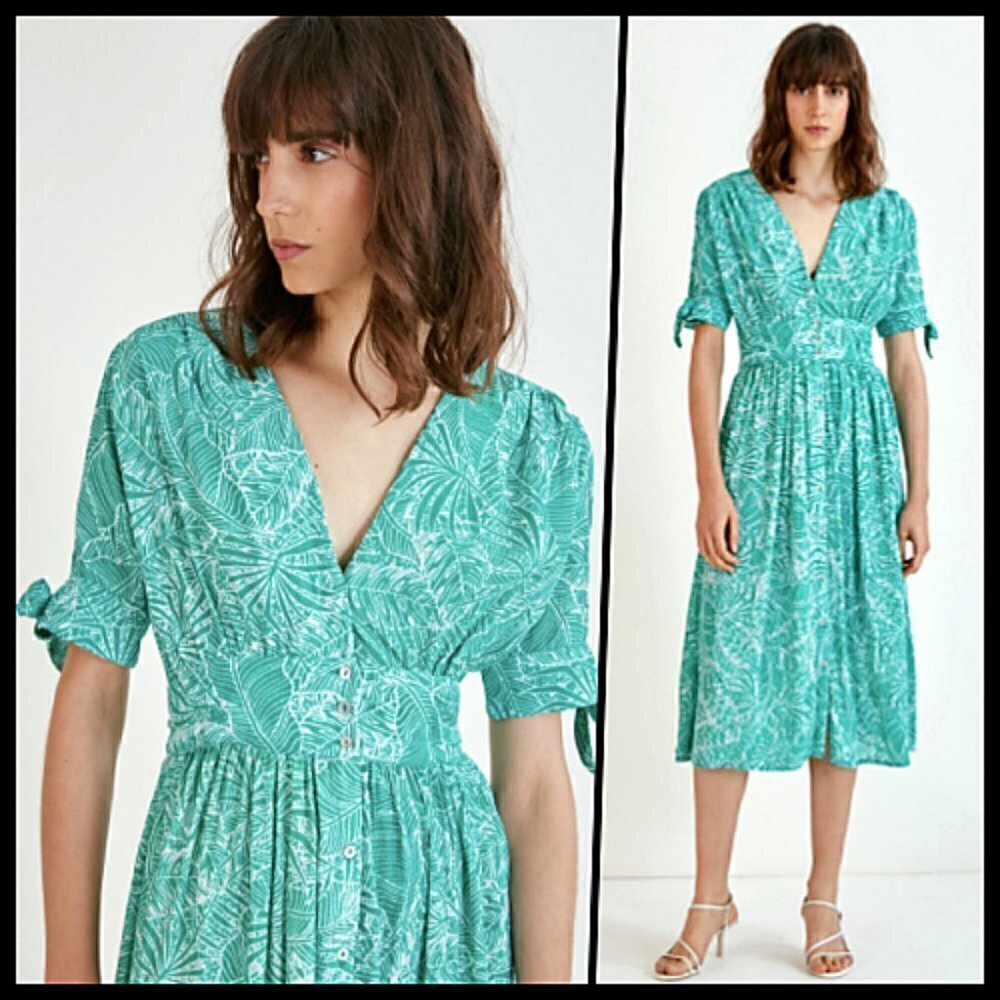 Suncoo Tropical Floral Midi Dress Green XS S NWOT